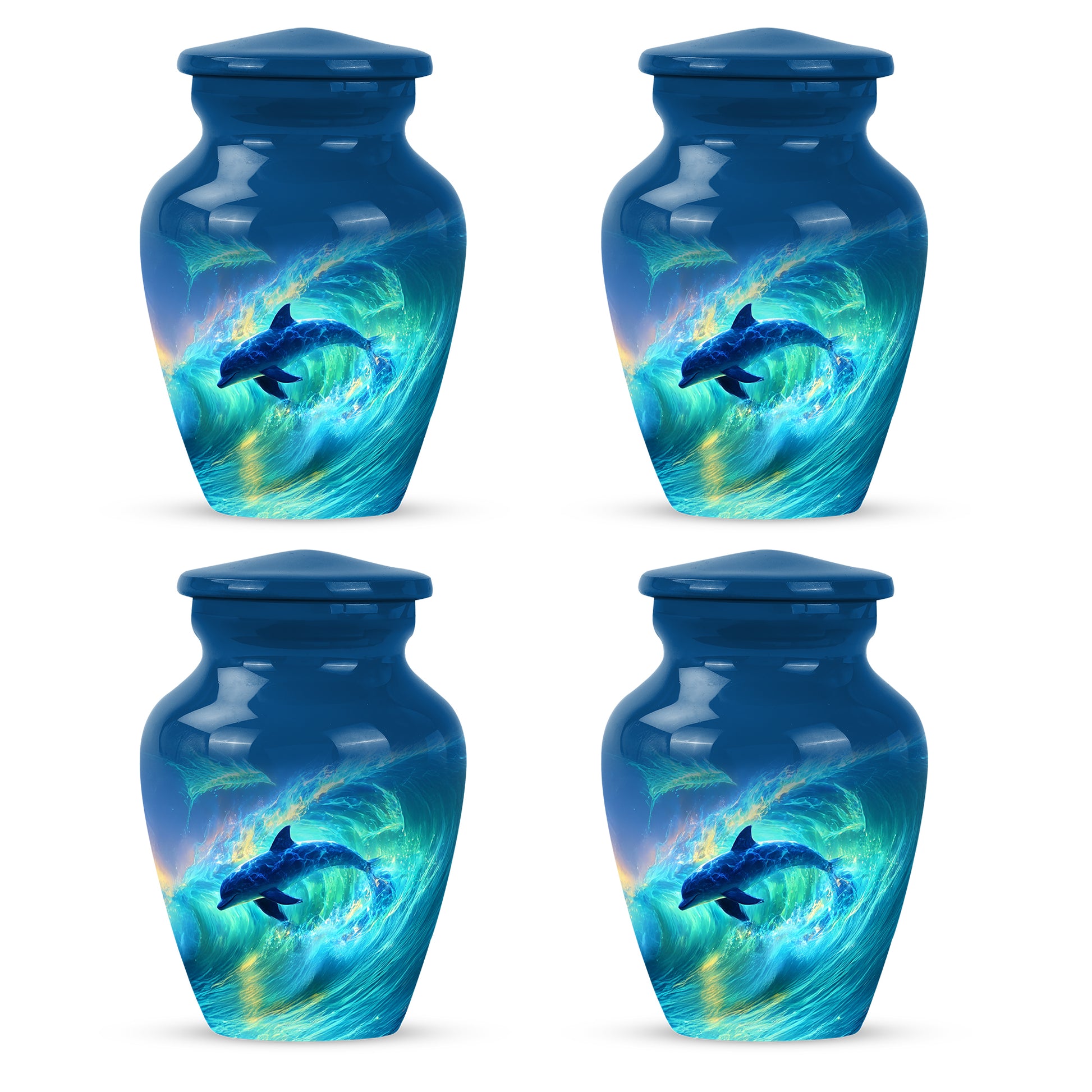 Cornflower Blue Dolphin Cremation Urn side profile showing urn shape - elegant classic dolphin relief with fine detailing - 10 inch aluminum urn for cremated remains