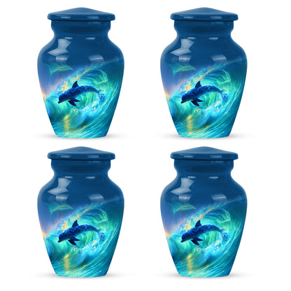 Cornflower Blue Dolphin Cremation Urn side profile showing urn shape - elegant classic dolphin relief with fine detailing - 10 inch aluminum urn for cremated remains