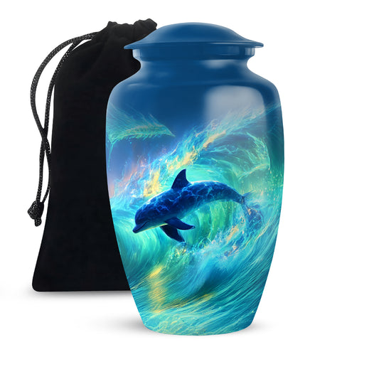 Sapphire Blue Dolphin Cremation Urn angled view of lid and engraved motif - elegant classic dolphin relief with fine detailing - full-size 10 inch 200 cubic inch adult cremation urn