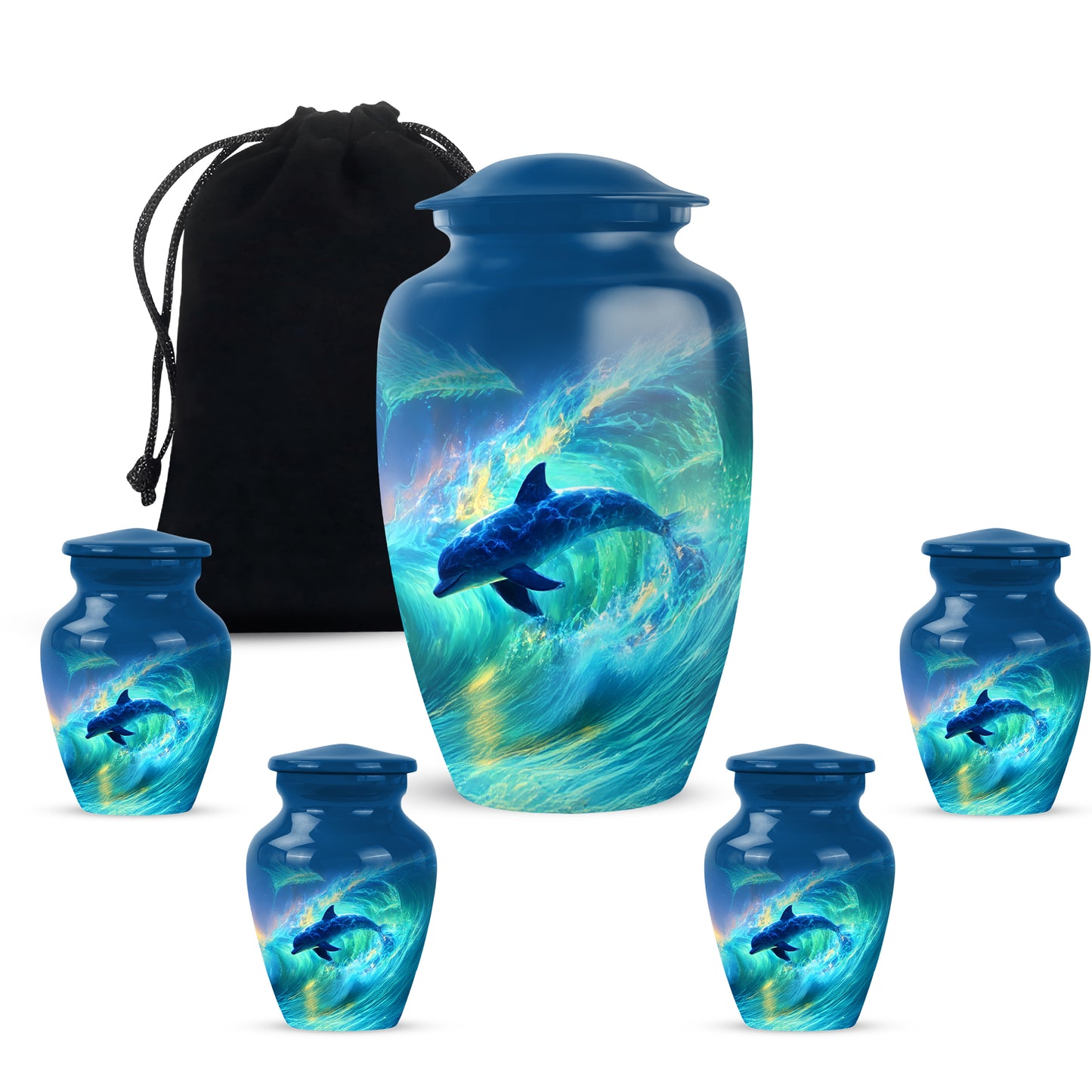 Vivid Blue Dolphin Cremation Urn top-down view of secure threaded lid - elegant classic dolphin relief with fine detailing - memorial set with one large and four small urns