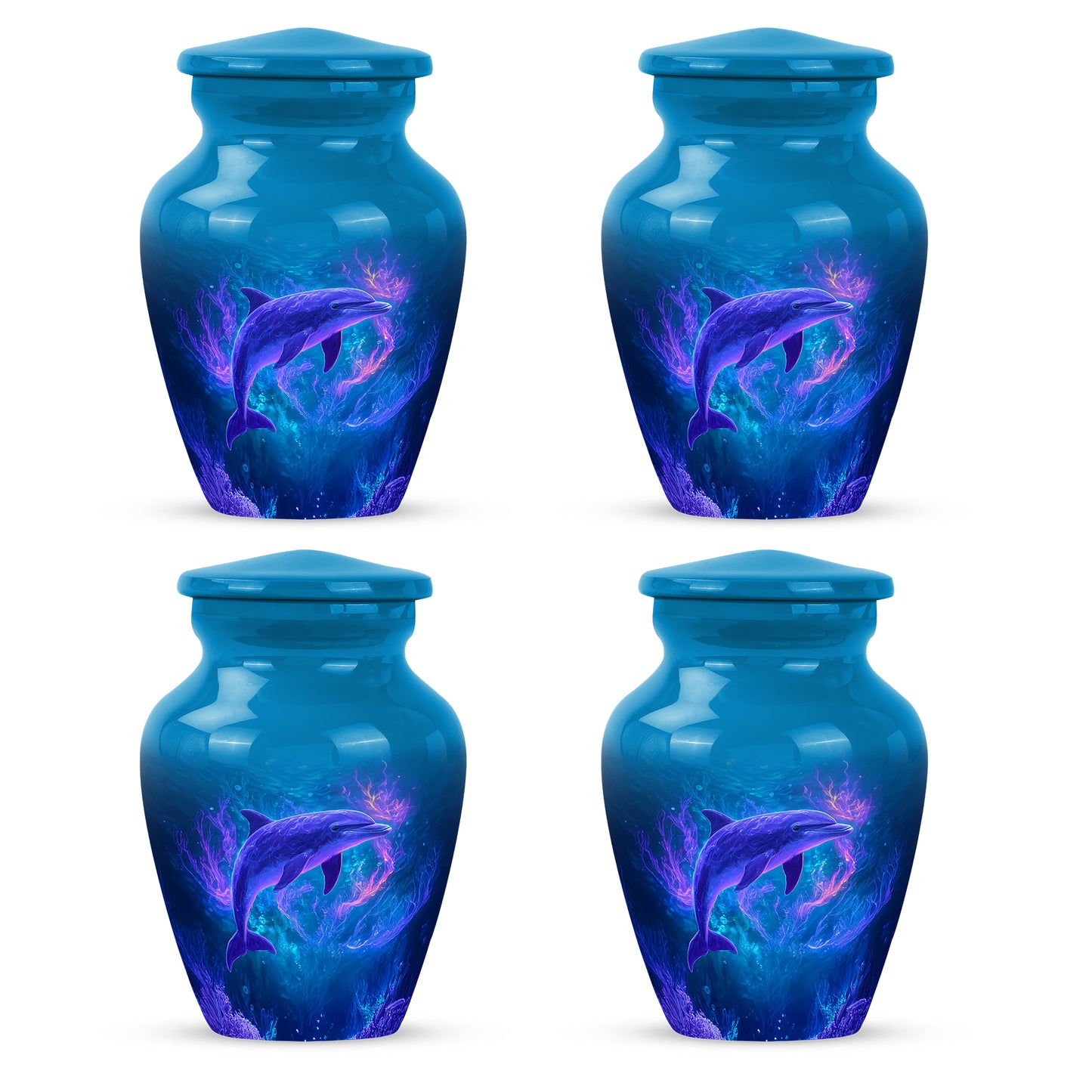 Slate Blue Dolphin Cremation Urn side profile showing urn shape - timeless dolphin motif etched into premium metal - 10 inch aluminum urn for cremated remains