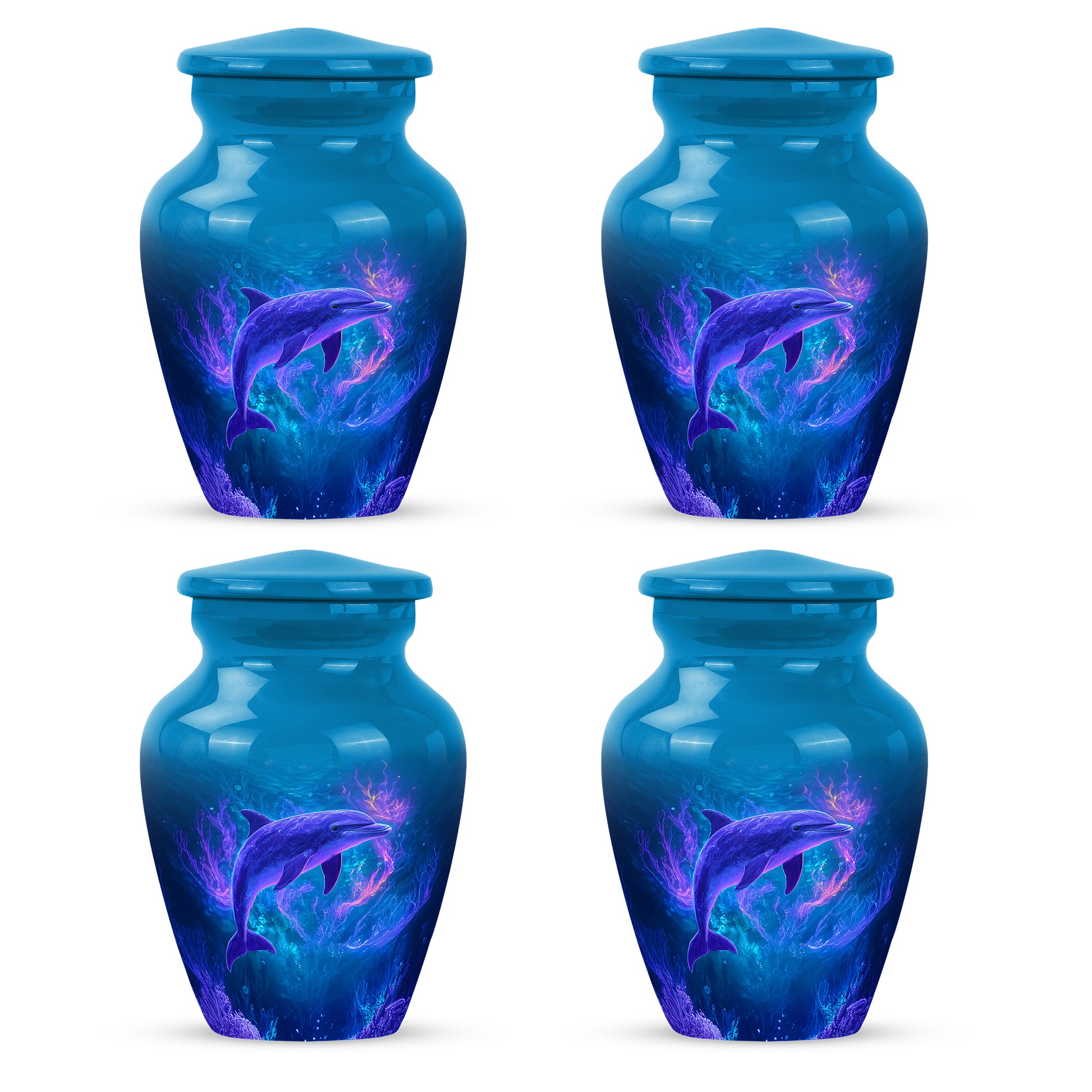 Slate Blue Dolphin Cremation Urn side profile showing urn shape - timeless dolphin motif etched into premium metal - 10 inch aluminum urn for cremated remains