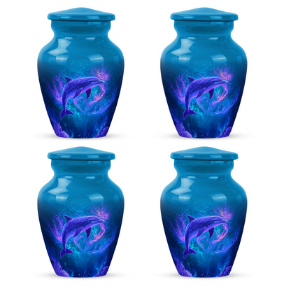 Slate Blue Dolphin Cremation Urn side profile showing urn shape - timeless dolphin motif etched into premium metal - 10 inch aluminum urn for cremated remains