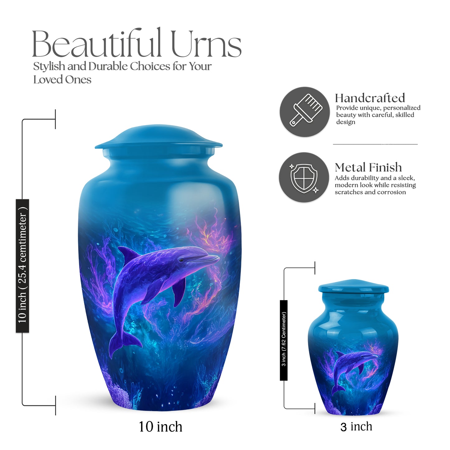 Cobalt Blue Dolphin Cremation Urn close-up of engraving and surface detail - traditional dolphin engraving with hand-polished finish - mini keepsake memorial for portion of cremation ashes