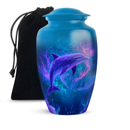 Calming Blue Dolphin Cremation Urn angled view of lid and engraved motif - traditional dolphin engraving with hand-polished finish - full-size 10 inch 200 cubic inch adult cremation urn