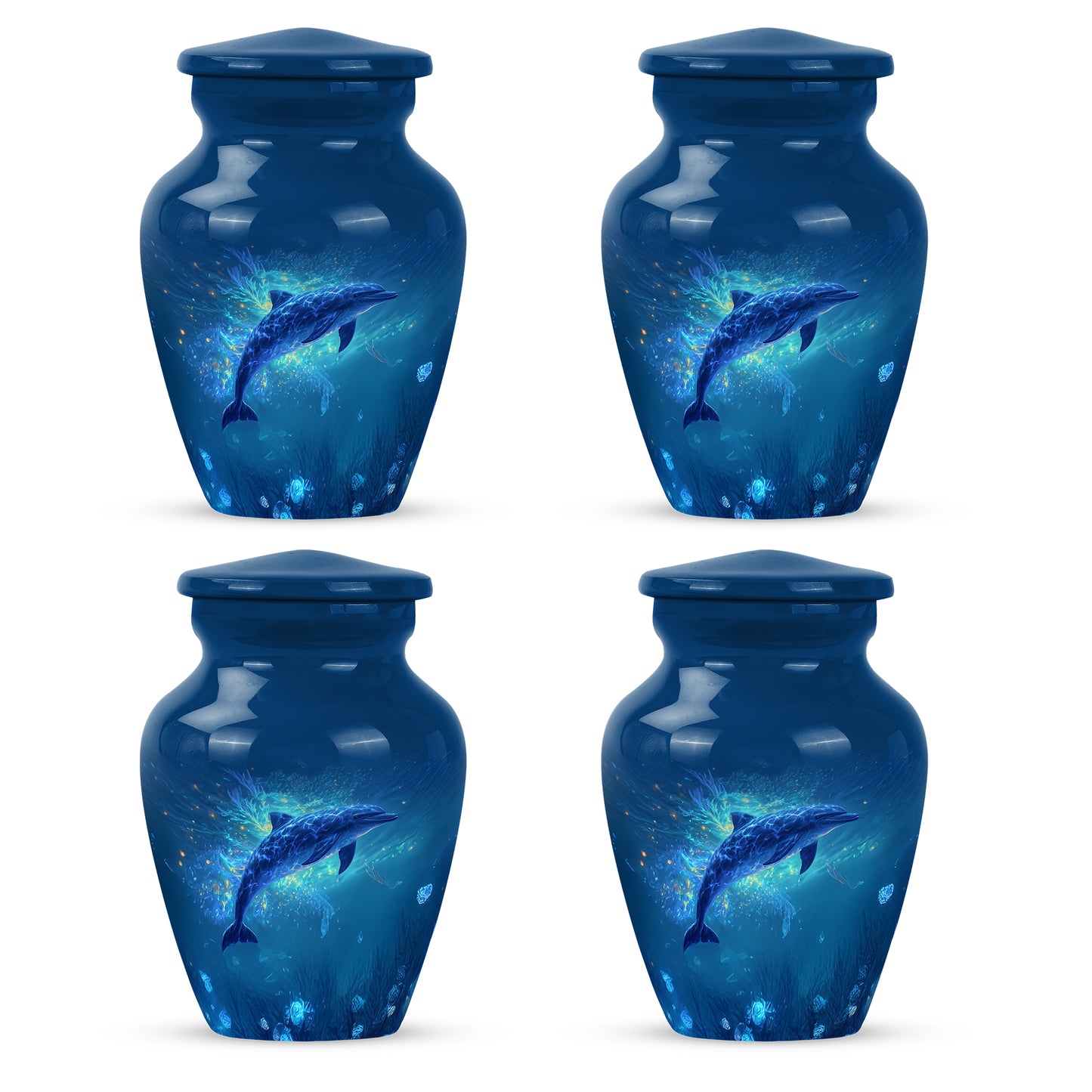 Celestial Blue Dolphin Cremation Urn side profile showing urn shape - timeless dolphin motif etched into premium metal - 10 inch aluminum urn for cremated remains