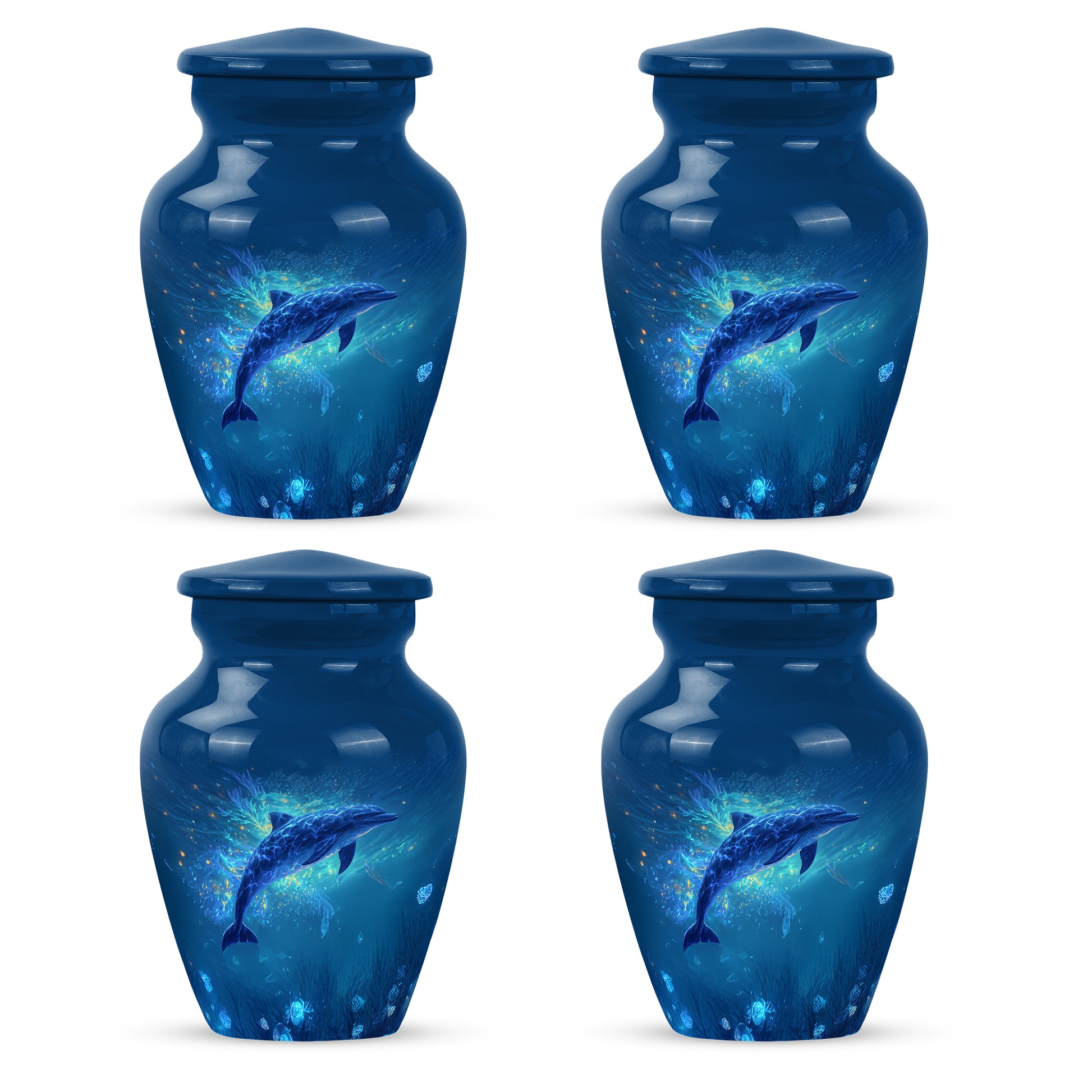 Celestial Blue Dolphin Cremation Urn side profile showing urn shape - timeless dolphin motif etched into premium metal - 10 inch aluminum urn for cremated remains