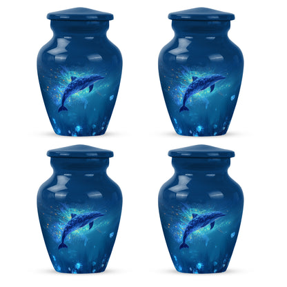 Celestial Blue Dolphin Cremation Urn side profile showing urn shape - timeless dolphin motif etched into premium metal - 10 inch aluminum urn for cremated remains