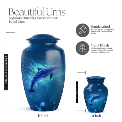 Vivid Blue Dolphin Cremation Urn close-up of engraving and surface detail - elegant classic dolphin relief with fine detailing - mini keepsake memorial for portion of cremation ashes