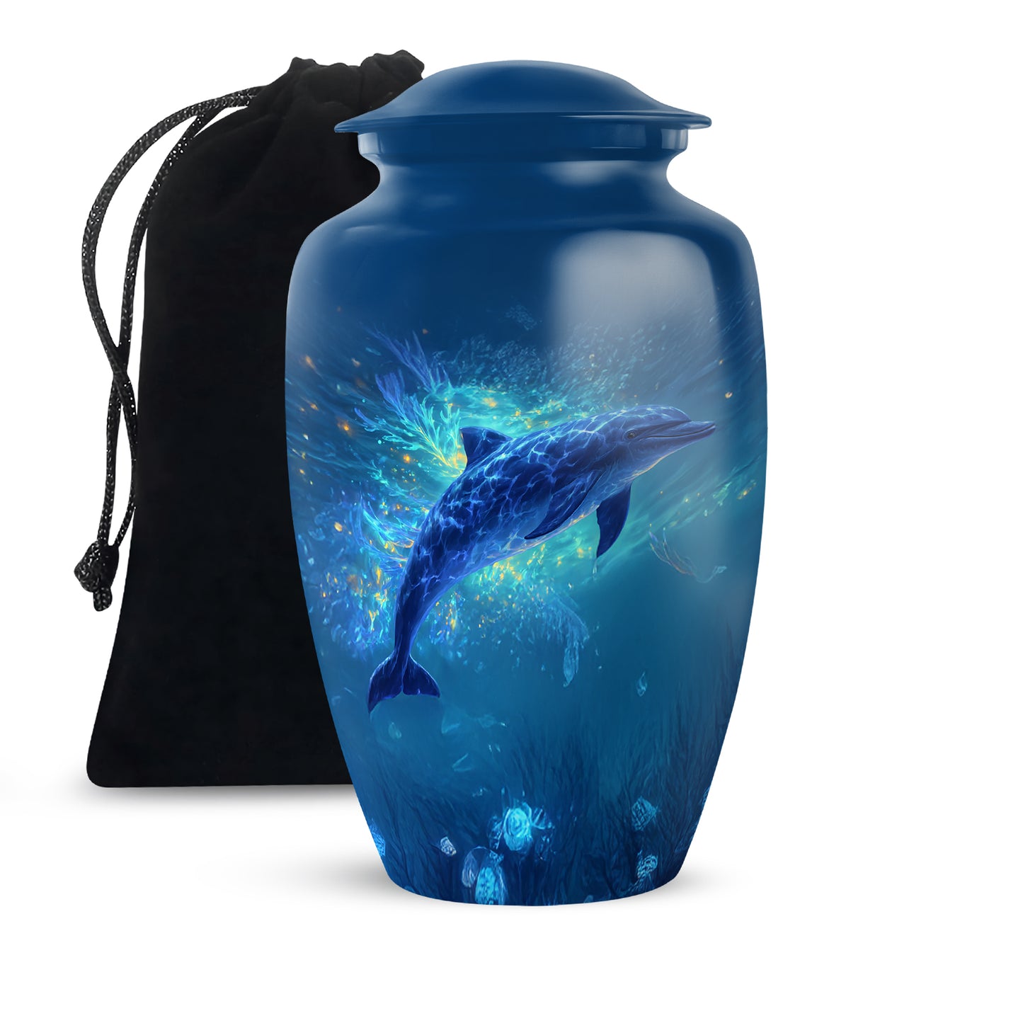 Celestial Blue Dolphin Cremation Urn angled view of lid and engraved motif - classic sculpted dolphin pattern on smooth aluminum - full-size 10 inch 200 cubic inch adult cremation urn