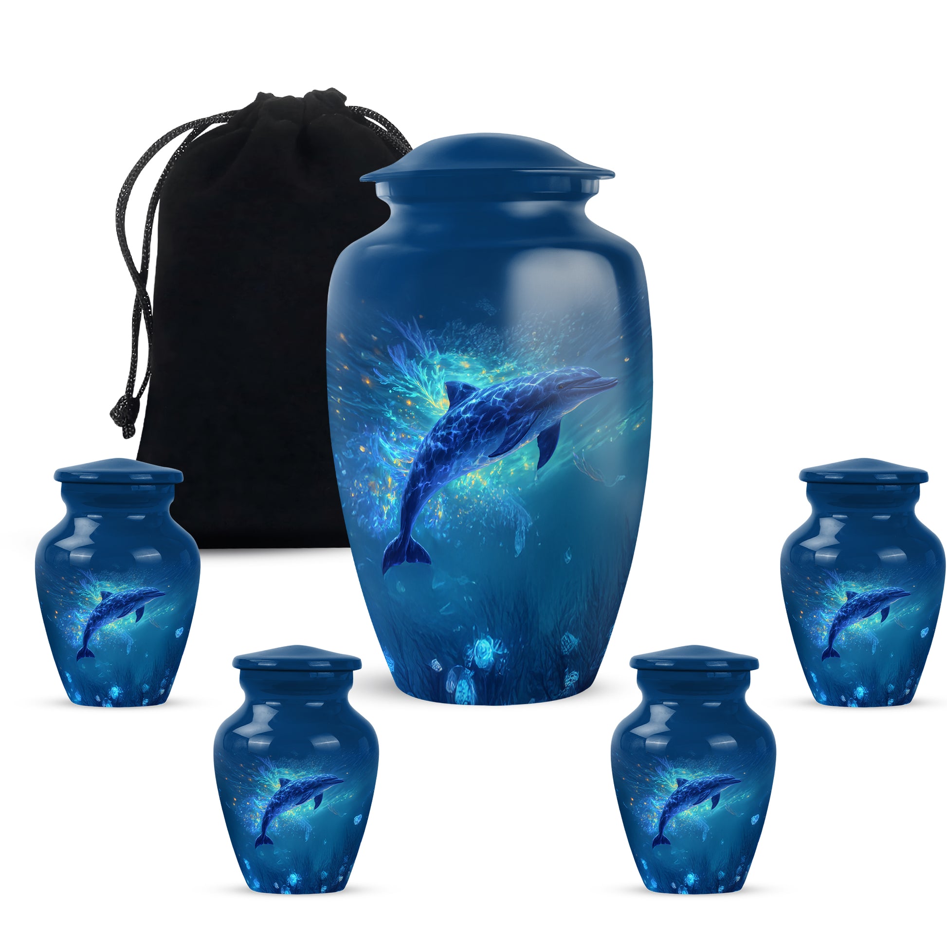 Bright Blue Dolphin Cremation Urn top-down view of secure threaded lid - traditional dolphin engraving with hand-polished finish - memorial set with one large and four small urns