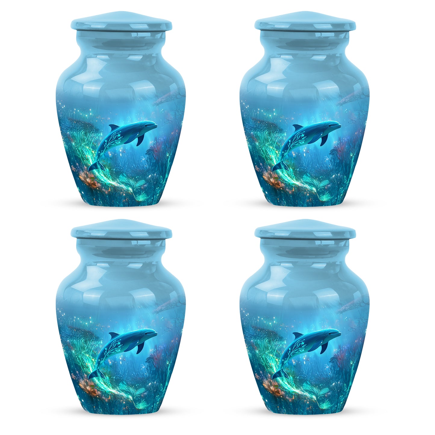 Slate Blue Dolphin Cremation Urn side profile showing urn shape - timeless dolphin motif etched into premium metal - 10 inch aluminum urn for cremated remains