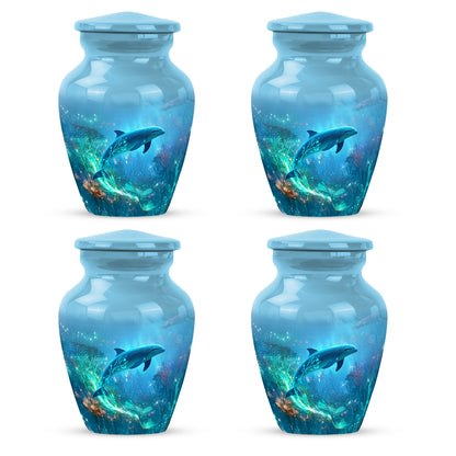 Slate Blue Dolphin Cremation Urn side profile showing urn shape - timeless dolphin motif etched into premium metal - 10 inch aluminum urn for cremated remains