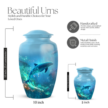 Powder Blue Dolphin Cremation Urn close-up of engraving and surface detail - classic sculpted dolphin pattern on smooth aluminum - mini keepsake memorial for portion of cremation ashes
