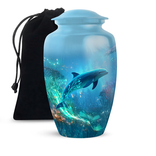 Cobalt Blue Dolphin Cremation Urn angled view of lid and engraved motif - traditional dolphin engraving with hand-polished finish - full-size 10 inch 200 cubic inch adult cremation urn