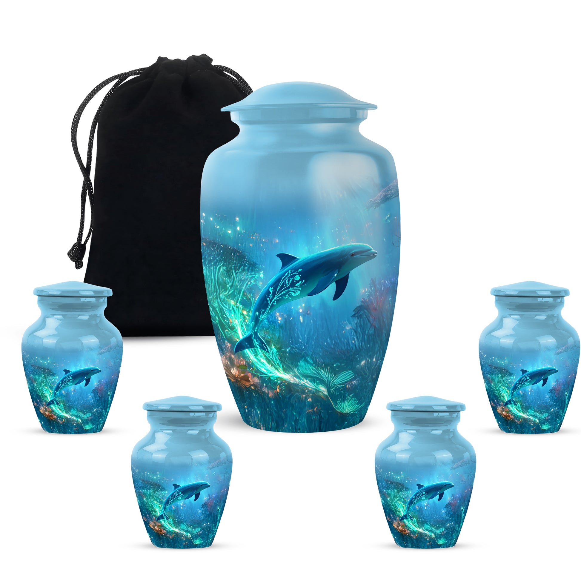 Vivid Blue Dolphin Cremation Urn top-down view of secure threaded lid - elegant classic dolphin relief with fine detailing - memorial set with one large and four small urns