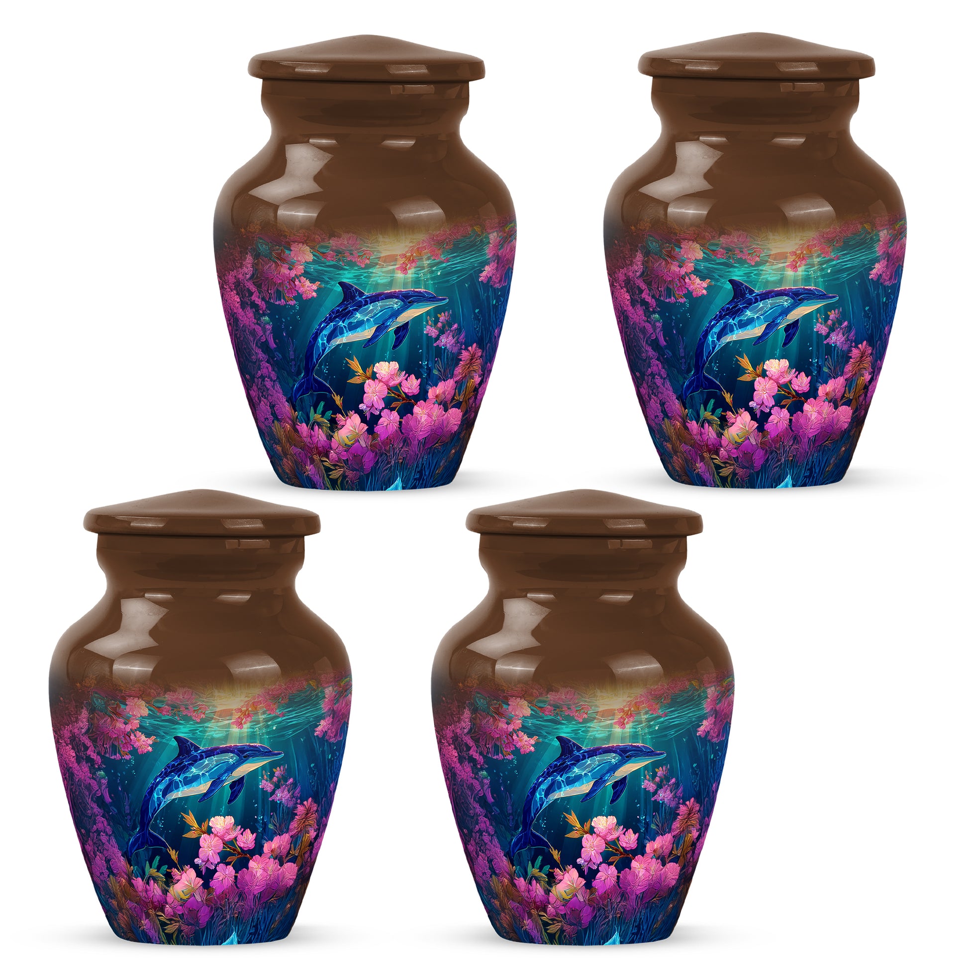 Sunrise Gold Dolphin Cremation Urn side profile showing urn shape - timeless dolphin motif etched into premium metal - 10 inch aluminum urn for cremated remains