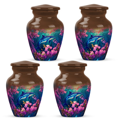 Sunrise Gold Dolphin Cremation Urn side profile showing urn shape - timeless dolphin motif etched into premium metal - 10 inch aluminum urn for cremated remains