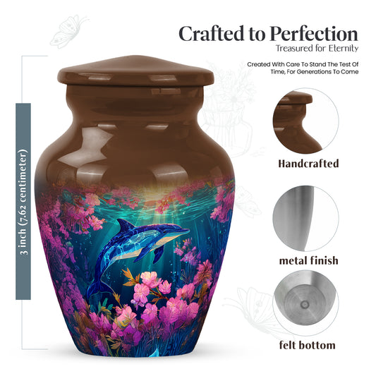 Antique Gold Dolphin Cremation Urn close-up of engraving and surface detail - timeless dolphin motif etched into premium metal - mini keepsake memorial for portion of cremation ashes
