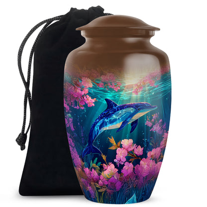 Harvest Gold Dolphin Cremation Urn angled view of lid and engraved motif - traditional dolphin engraving with hand-polished finish - full-size 10 inch 200 cubic inch adult cremation urn