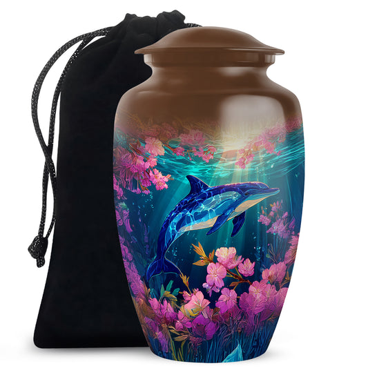 Harvest Gold Dolphin Cremation Urn angled view of lid and engraved motif - traditional dolphin engraving with hand-polished finish - full-size 10 inch 200 cubic inch adult cremation urn