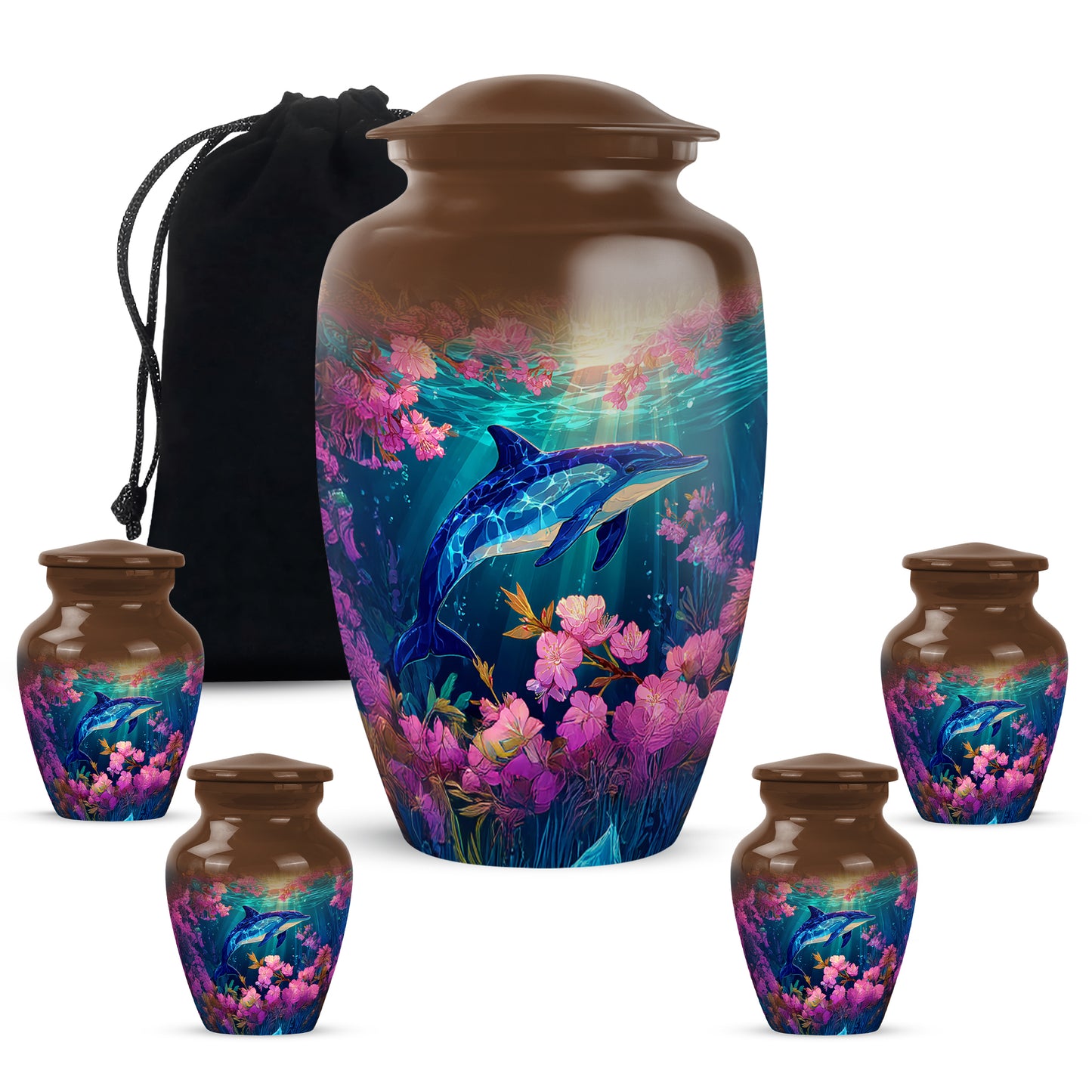 Burnished Gold Dolphin Cremation Urn top-down view of secure threaded lid - elegant classic dolphin relief with fine detailing - memorial set with one large and four small urns