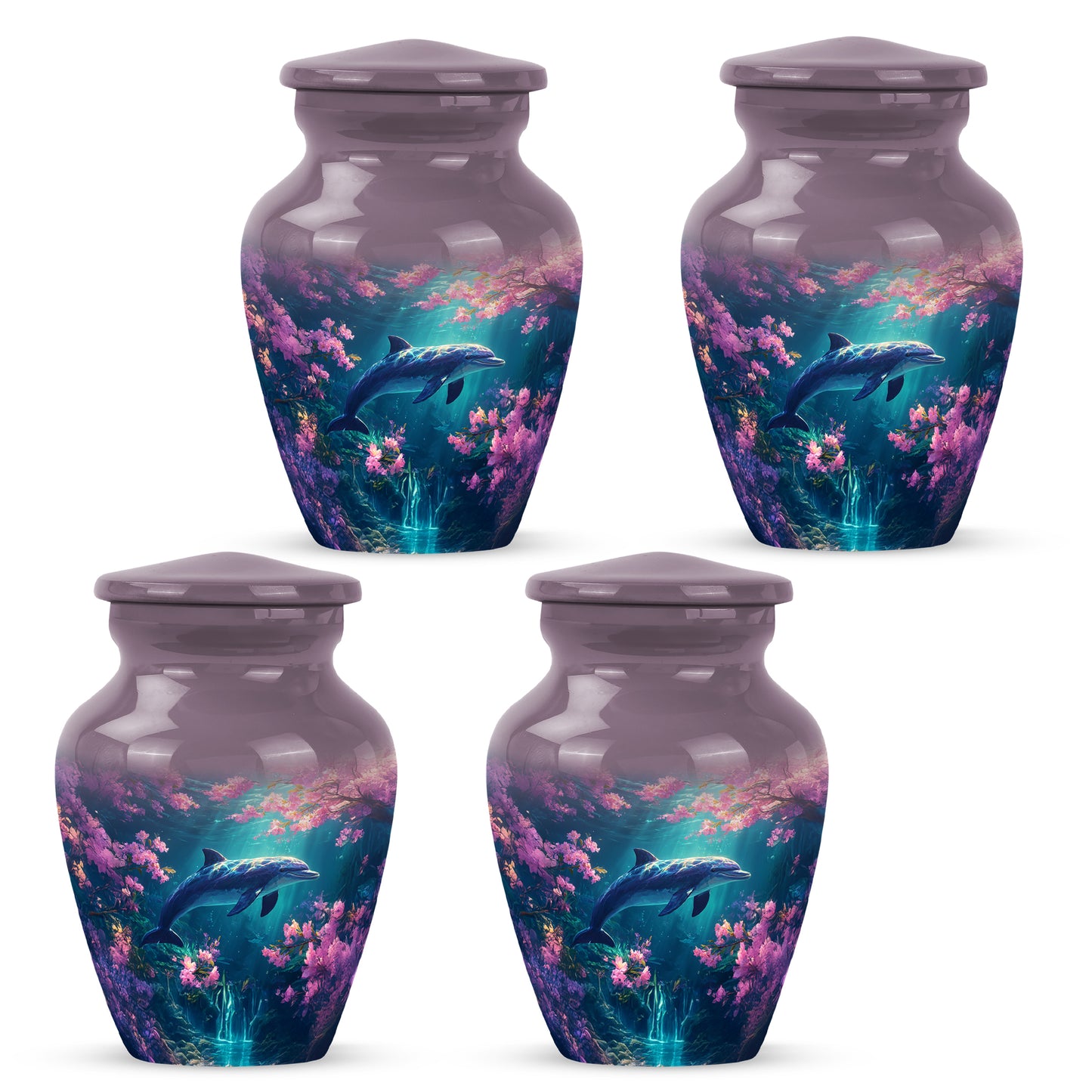 Rose Pink Dolphin Cremation Urn side profile showing urn shape - classic sculpted dolphin pattern on smooth aluminum - 10 inch aluminum urn for cremated remains