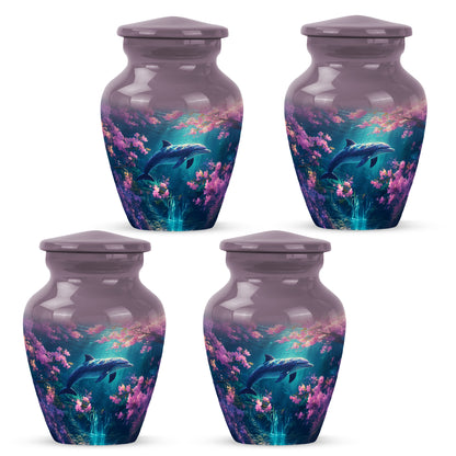 Rose Pink Dolphin Cremation Urn side profile showing urn shape - classic sculpted dolphin pattern on smooth aluminum - 10 inch aluminum urn for cremated remains
