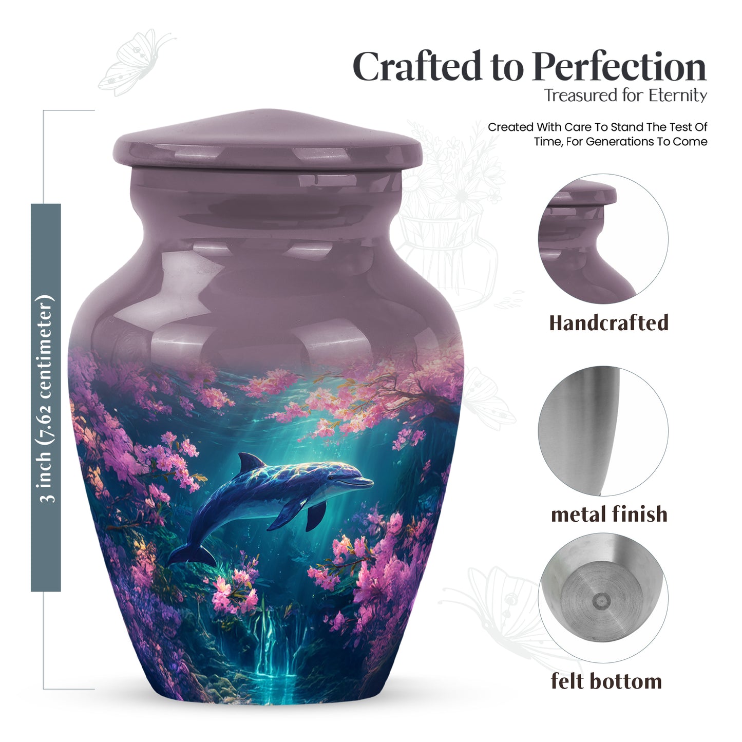 Salmon Pink Dolphin Cremation Urn close-up of engraving and surface detail - elegant classic dolphin relief with fine detailing - mini keepsake memorial for portion of cremation ashes