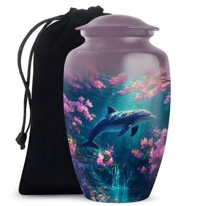 Vintage Pink Dolphin Cremation Urn angled view of lid and engraved motif - traditional dolphin engraving with hand-polished finish - full-size 10 inch 200 cubic inch adult cremation urn