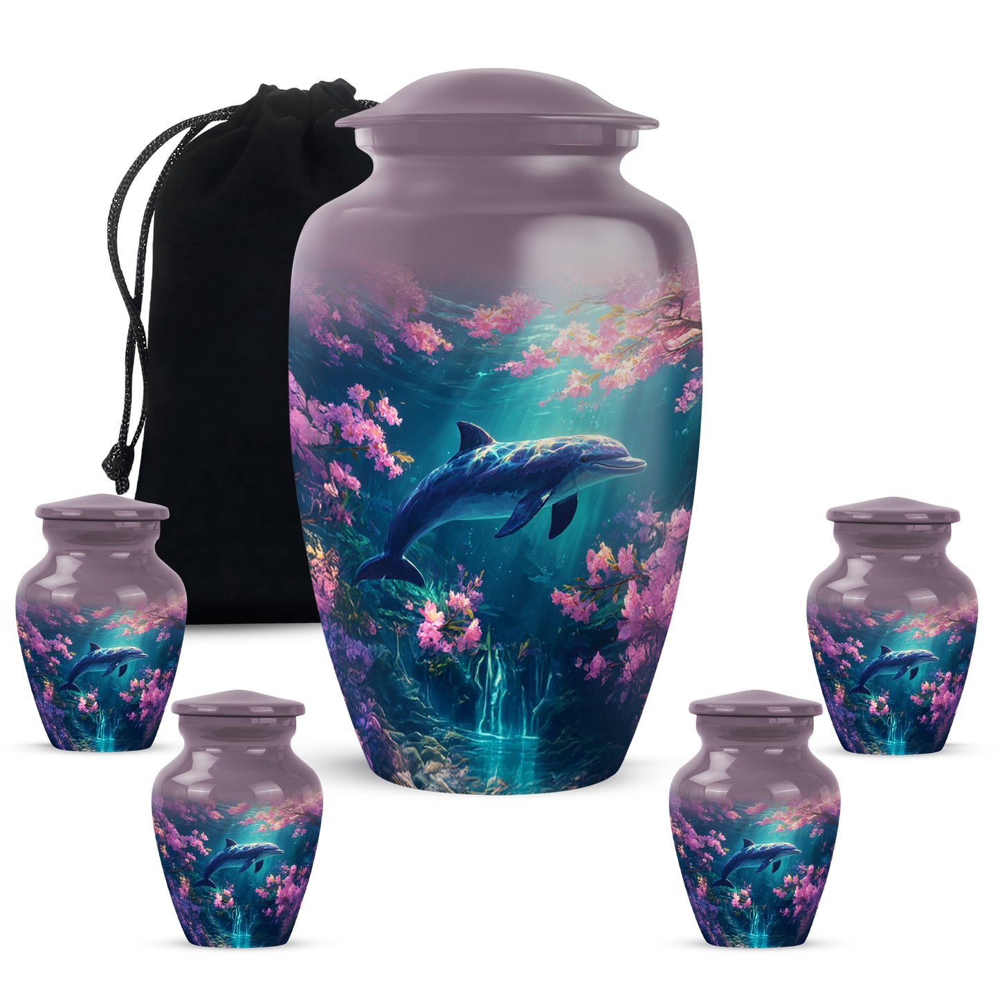 Coral Pink Dolphin Cremation Urn top-down view of secure threaded lid - timeless dolphin motif etched into premium metal - memorial set with one large and four small urns