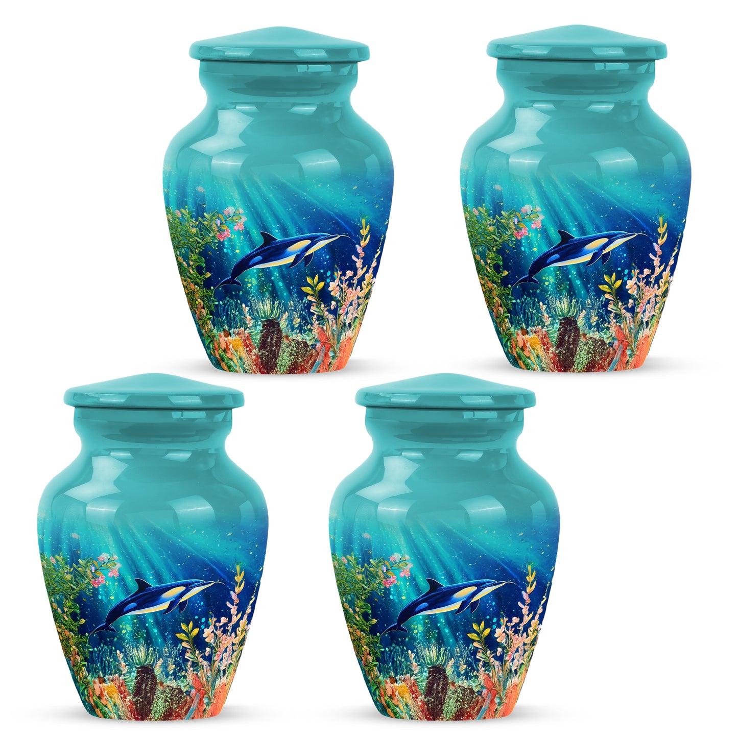 Ocean Teal Dolphin Cremation Urn side profile showing urn shape - timeless dolphin motif etched into premium metal - 10 inch aluminum urn for cremated remains
