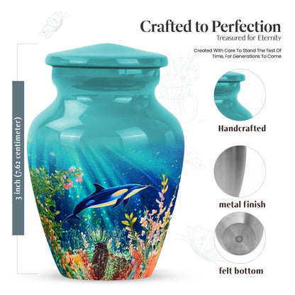 Aqua Teal Dolphin Cremation Urn close-up of engraving and surface detail - traditional dolphin engraving with hand-polished finish - mini keepsake memorial for portion of cremation ashes