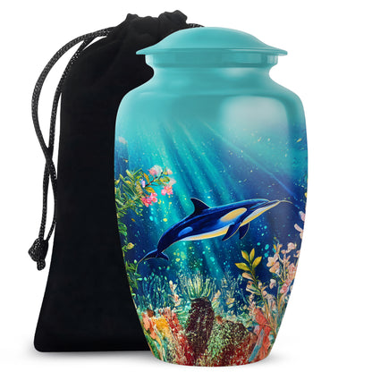 Vivid Teal Dolphin Cremation Urn angled view of lid and engraved motif - elegant classic dolphin relief with fine detailing - full-size 10 inch 200 cubic inch adult cremation urn