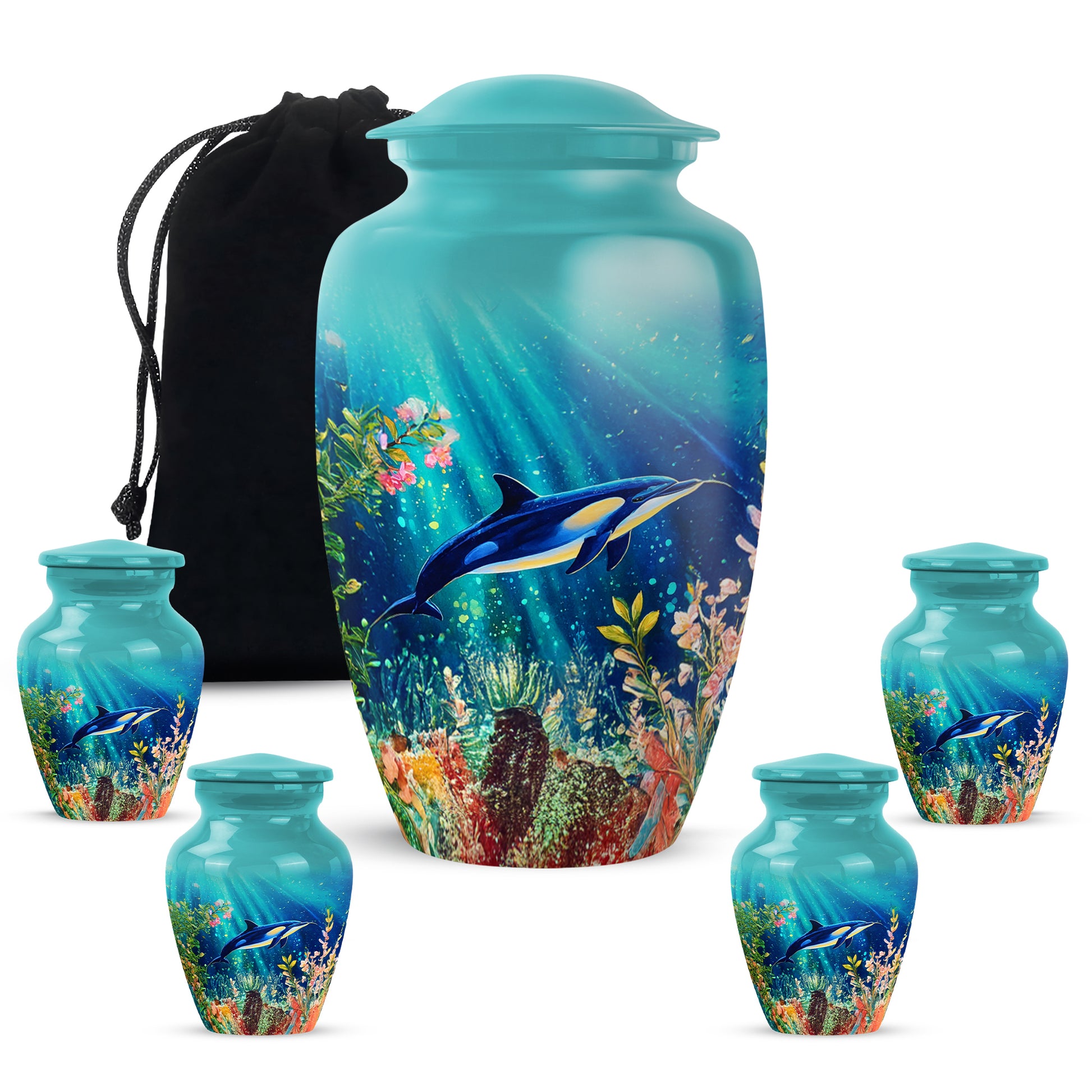 Sea Green Teal Dolphin Cremation Urn top-down view of secure threaded lid - timeless dolphin motif etched into premium metal - memorial set with one large and four small urns