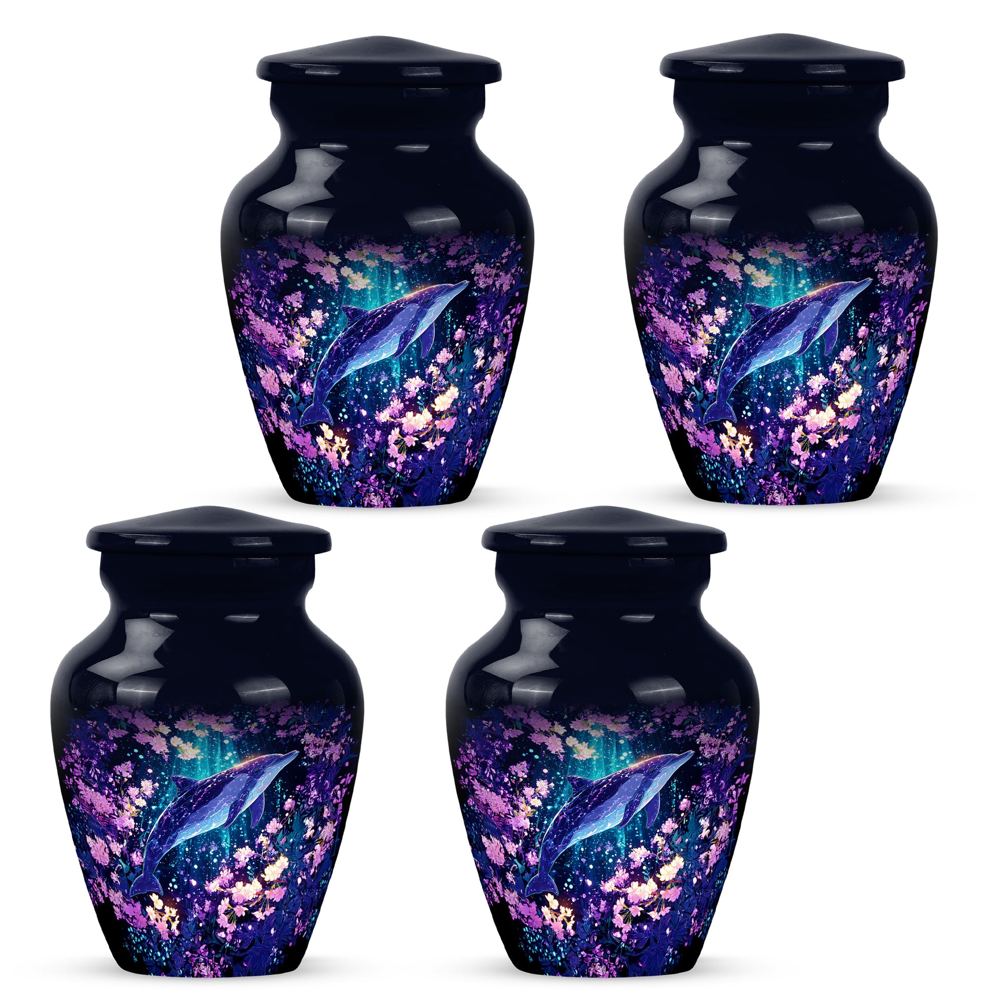 Twilight Blue Dolphin Cremation Urn side profile showing urn shape - elegant classic dolphin relief with fine detailing - 10 inch aluminum urn for cremated remains