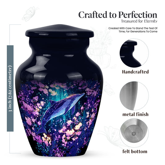 Pastel Blue Dolphin Cremation Urn close-up of engraving and surface detail - timeless dolphin motif etched into premium metal - mini keepsake memorial for portion of cremation ashes