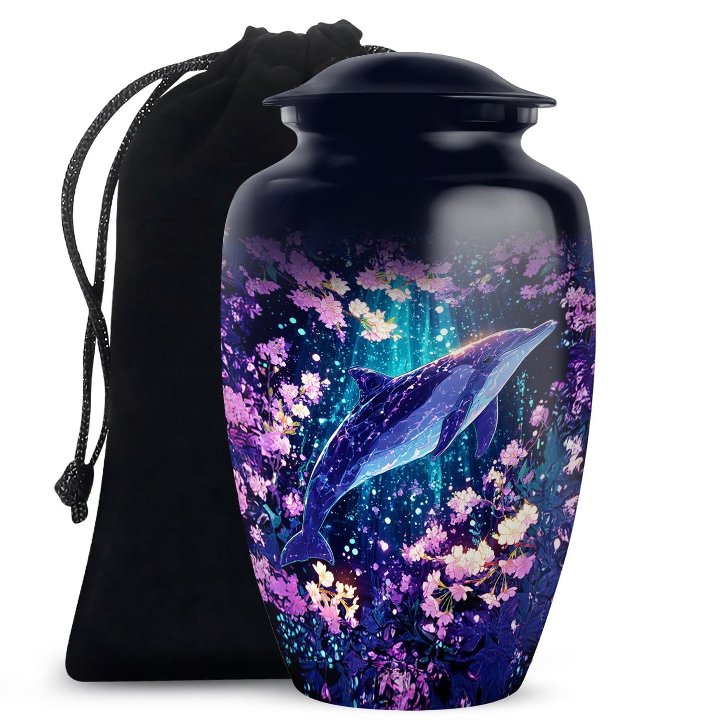 Powder Blue Dolphin Cremation Urn angled view of lid and engraved motif - classic sculpted dolphin pattern on smooth aluminum - full-size 10 inch 200 cubic inch adult cremation urn