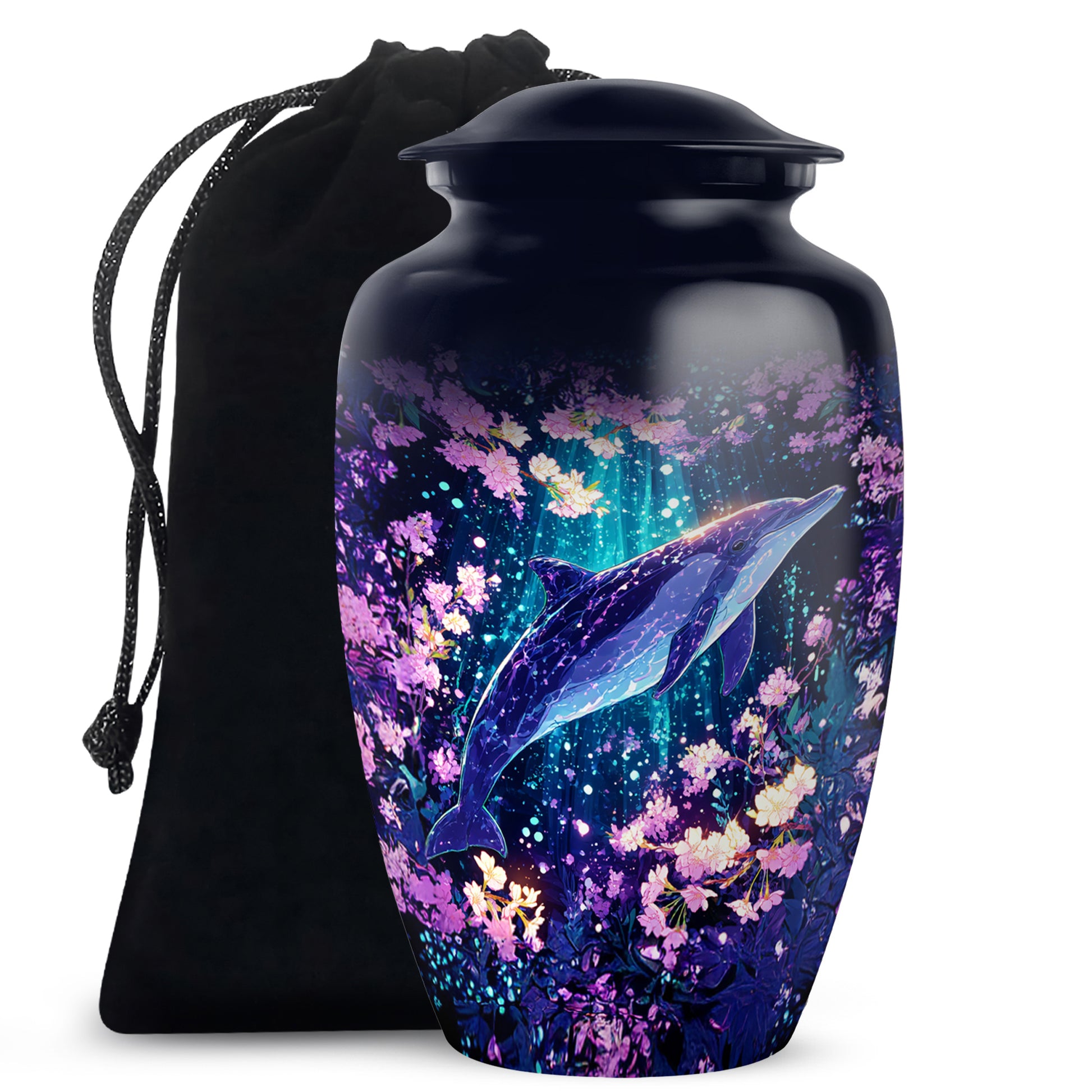 Powder Blue Dolphin Cremation Urn angled view of lid and engraved motif - classic sculpted dolphin pattern on smooth aluminum - full-size 10 inch 200 cubic inch adult cremation urn