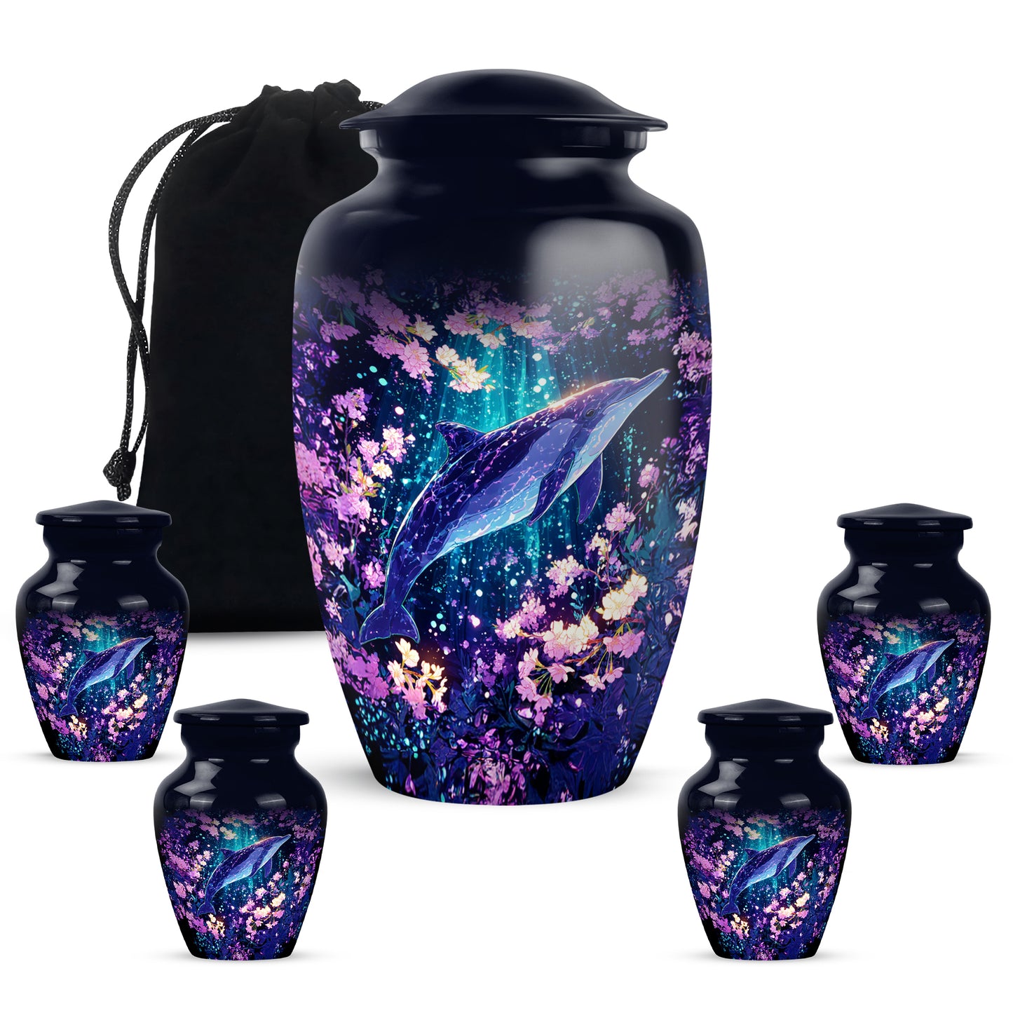 Vivid Blue Dolphin Cremation Urn top-down view of secure threaded lid - traditional dolphin engraving with hand-polished finish - memorial set with one large and four small urns