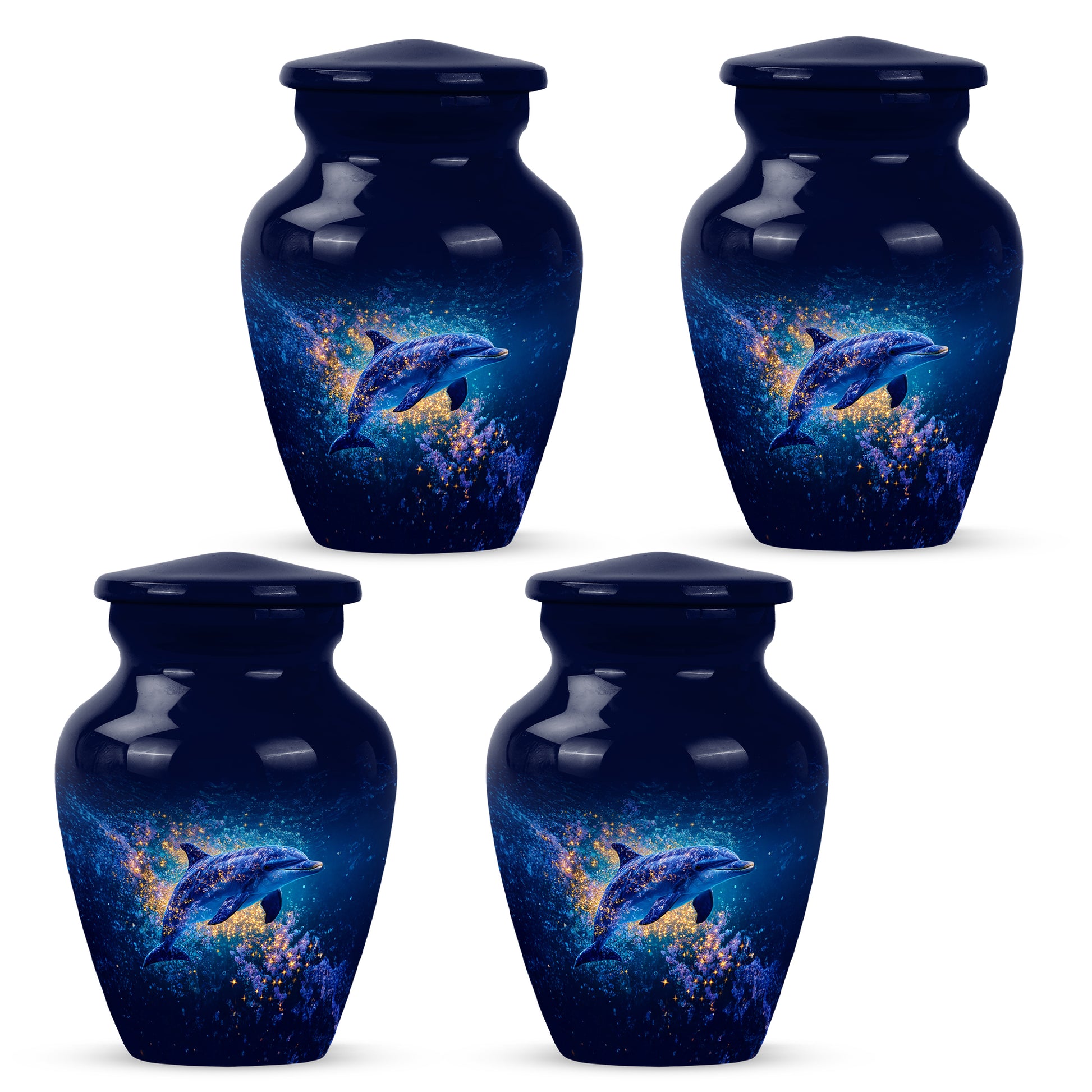 Powder Blue Dolphin Cremation Urn side profile showing urn shape - timeless dolphin motif etched into premium metal - 10 inch aluminum urn for cremated remains