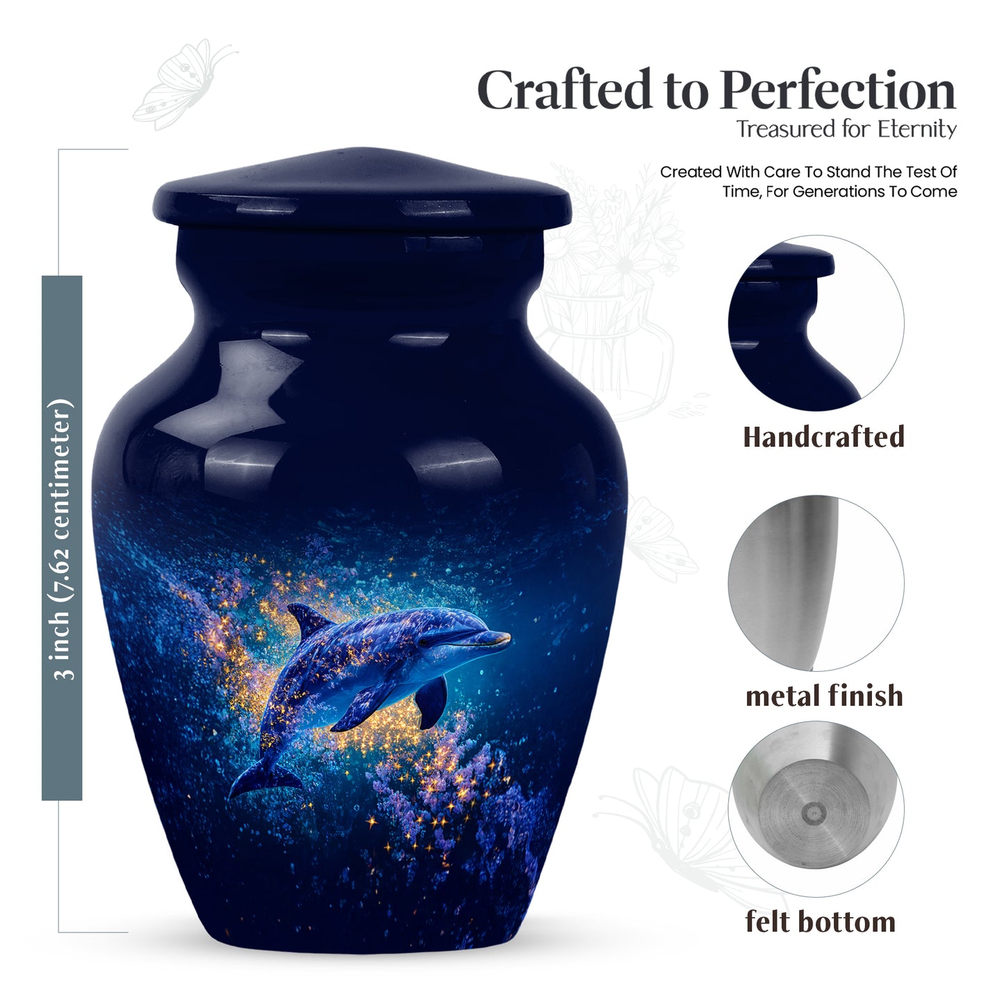 Azure Dolphin Cremation Urn close-up of engraving and surface detail - classic sculpted dolphin pattern on smooth aluminum - mini keepsake memorial for portion of cremation ashes
