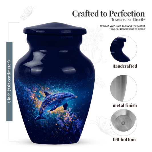 Azure Dolphin Cremation Urn close-up of engraving and surface detail - classic sculpted dolphin pattern on smooth aluminum - mini keepsake memorial for portion of cremation ashes