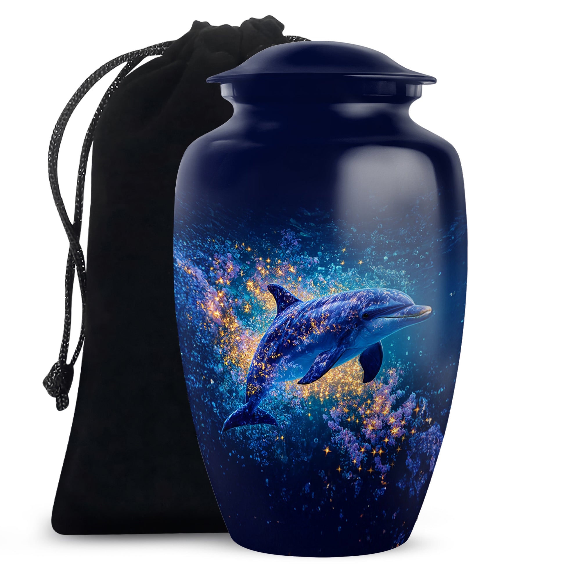 Powder Blue Dolphin Cremation Urn angled view of lid and engraved motif - classic sculpted dolphin pattern on smooth aluminum - full-size 10 inch 200 cubic inch adult cremation urn