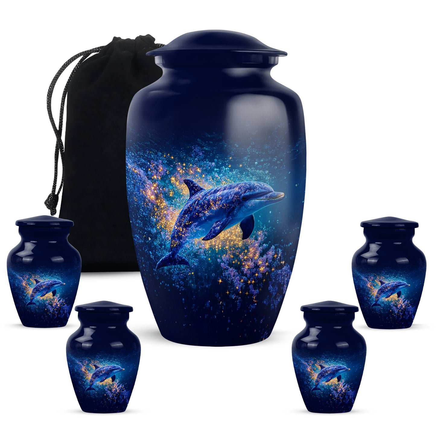 Dusty Blue Dolphin Cremation Urn top-down view of secure threaded lid - timeless dolphin motif etched into premium metal - memorial set with one large and four small urns