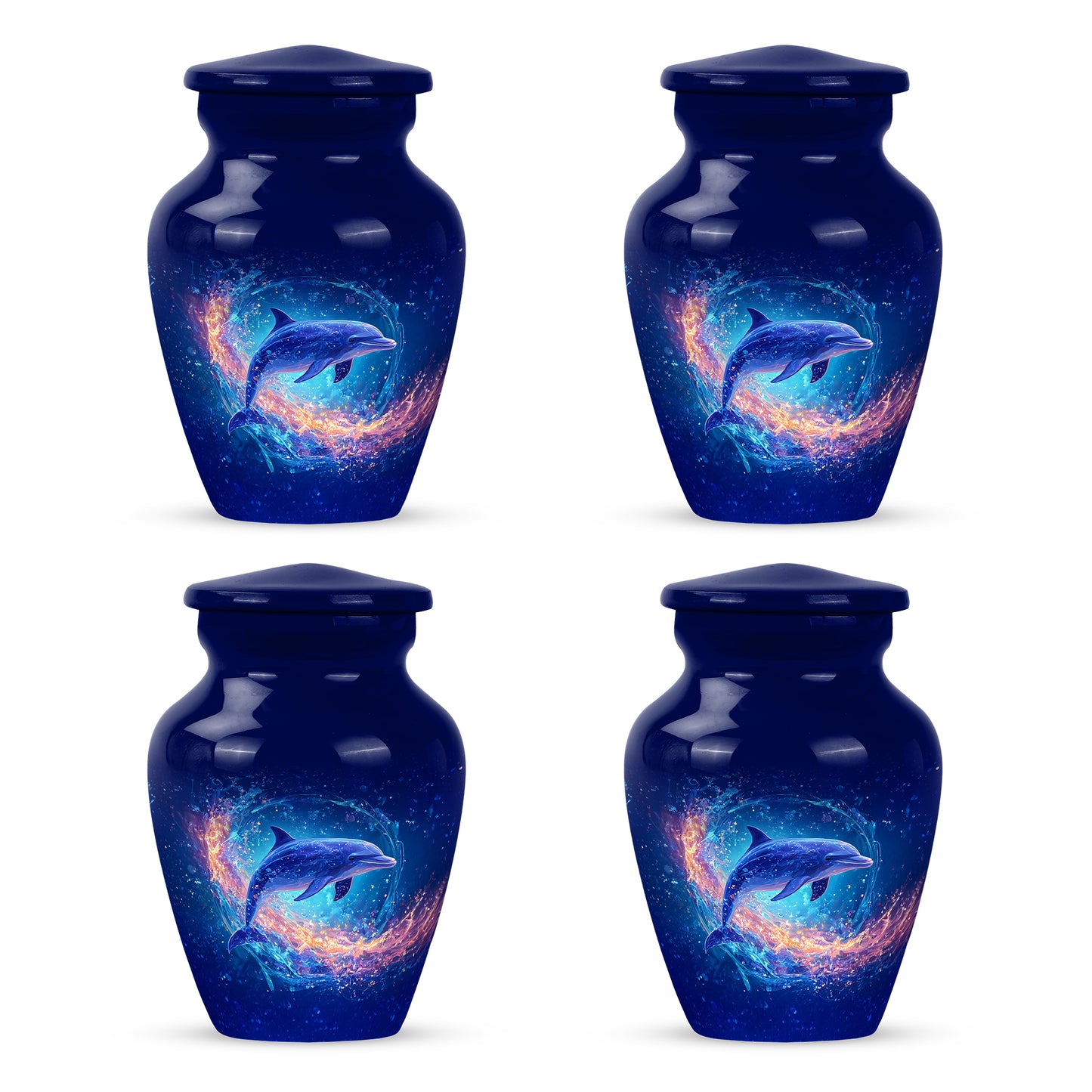 Navy Blue Dolphin Cremation Urn side profile showing urn shape - classic sculpted dolphin pattern on smooth aluminum - 10 inch aluminum urn for cremated remains