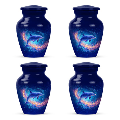 Navy Blue Dolphin Cremation Urn side profile showing urn shape - classic sculpted dolphin pattern on smooth aluminum - 10 inch aluminum urn for cremated remains