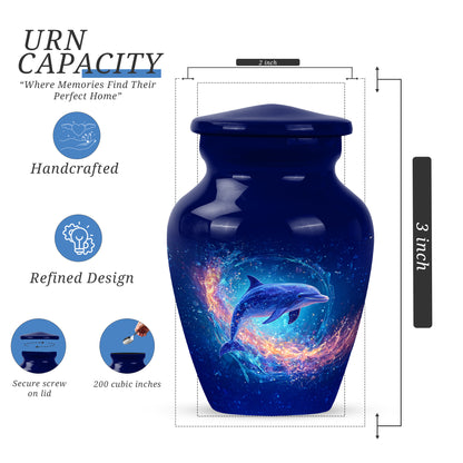 Soft Blue Dolphin Cremation Urn close-up of engraving and surface detail - elegant classic dolphin relief with fine detailing - mini keepsake memorial for portion of cremation ashes