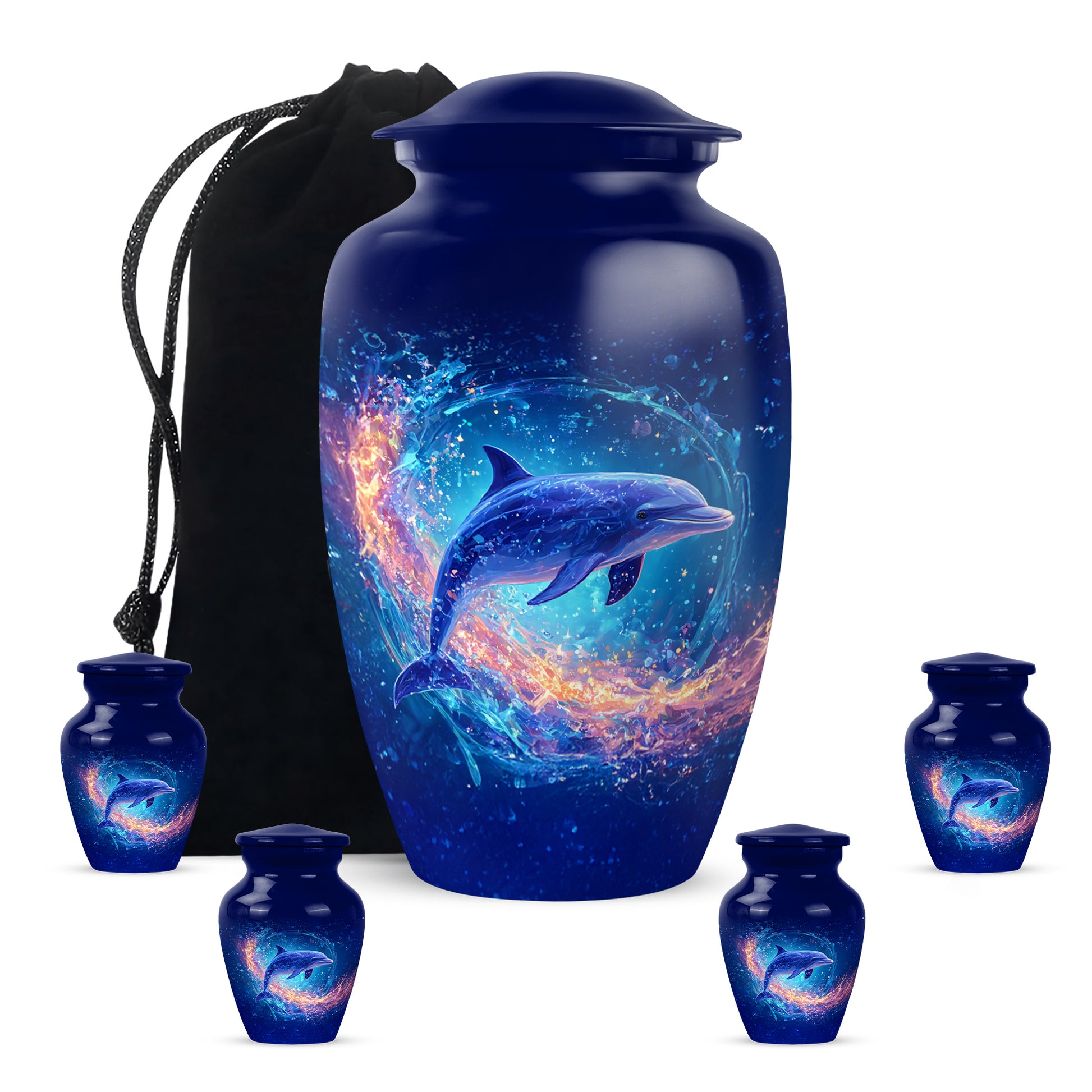 Navy Blue Dolphin Cremation Urn top-down view of secure threaded lid - timeless dolphin motif etched into premium metal - memorial set with one large and four small urns