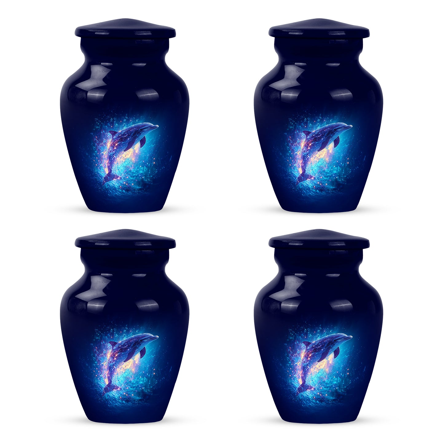 Celestial Blue Dolphin Cremation Urn side profile showing urn shape - classic sculpted dolphin pattern on smooth aluminum - 10 inch aluminum urn for cremated remains